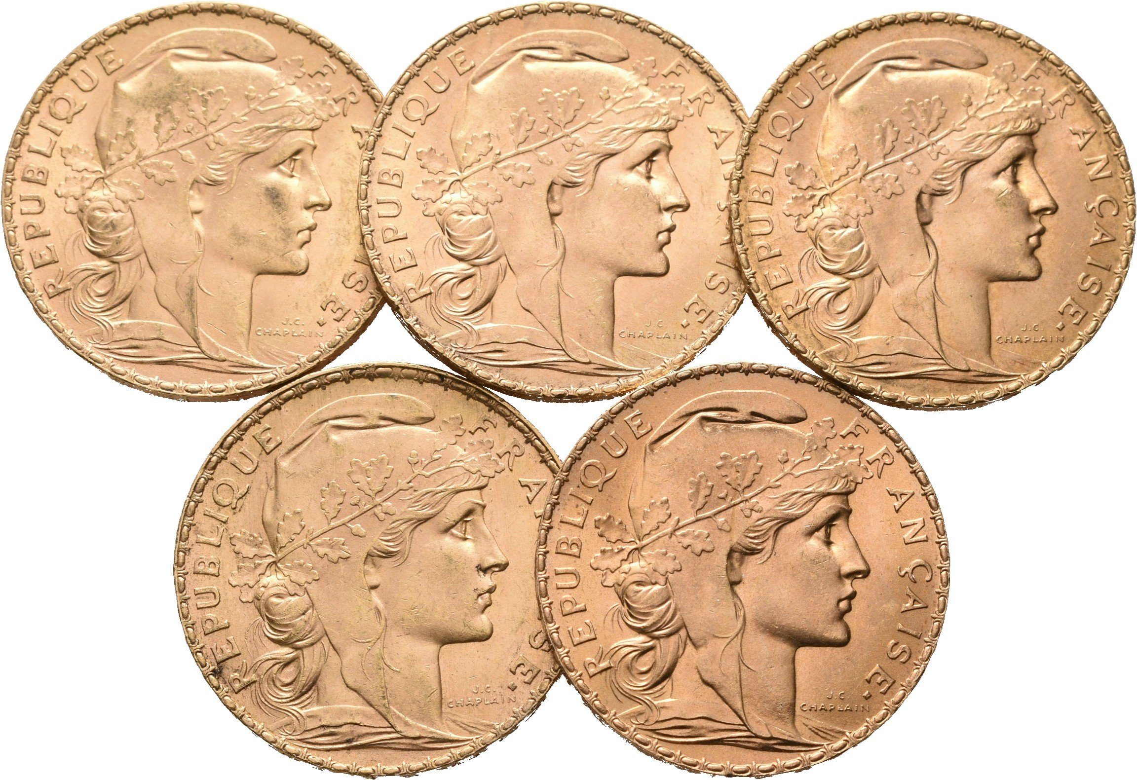 Francie, Investiční set 5 kusů 20 Franků 1907 - 1913