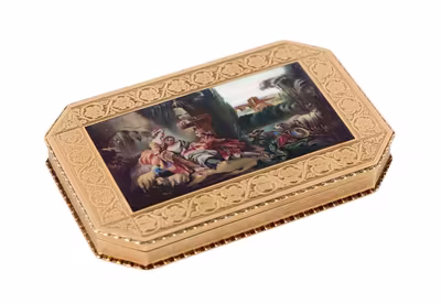 Luxusní zlatá tabatěrka s emailovou miniaturou a původní etui