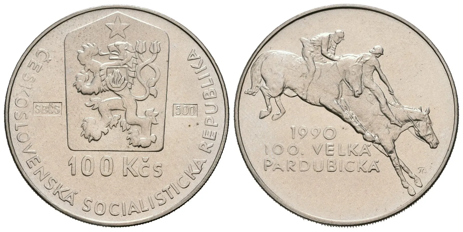 100 Kčs 1990 - Velká pardubická, puncovaná "SBČS - 500", pův. etue, — 1