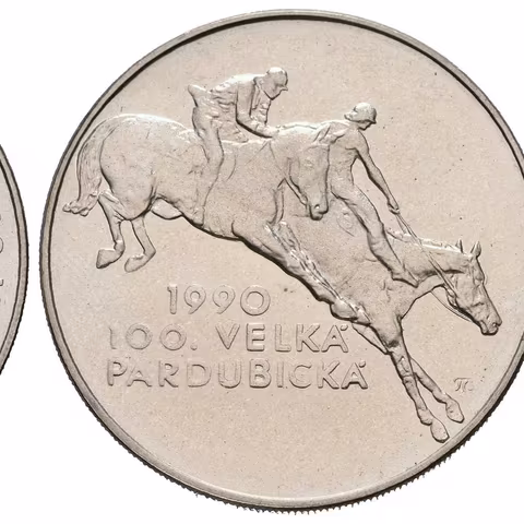 100 Kčs 1990 - Velká pardubická, puncovaná "SBČS - 500", pův. etue,