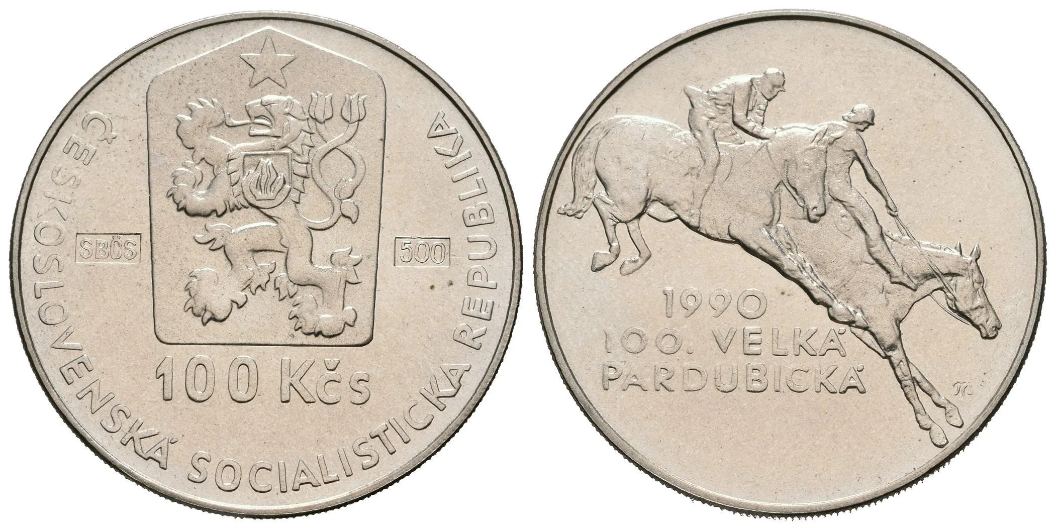 100 Kčs 1990 - Velká pardubická, puncovaná "SBČS - 500", pův. etue, — 1