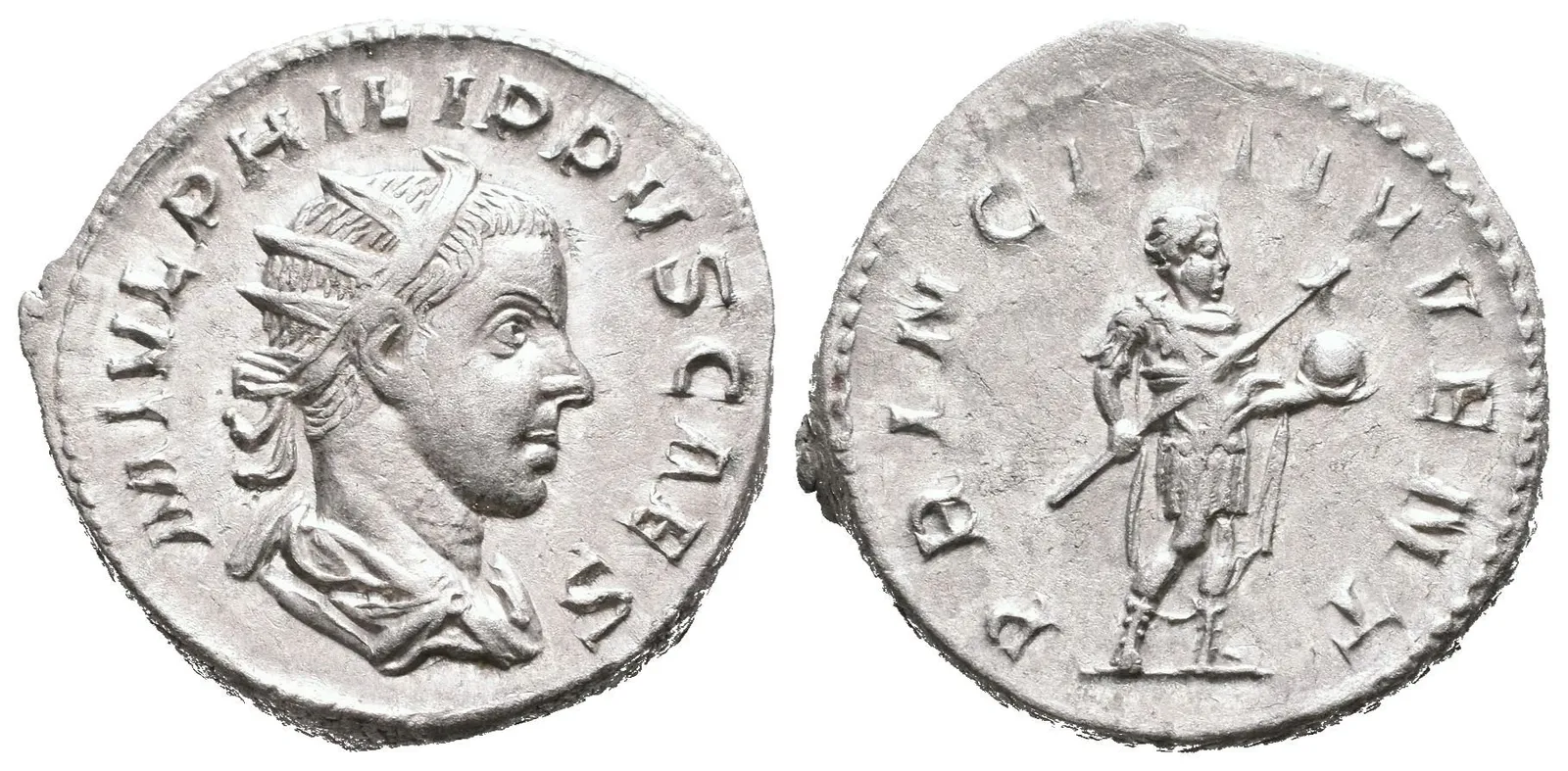 Antoninian, 244 - 246, Rv: PRINCIPI IVVENT, stojící Philip II. ve vojenském oděvu — 1