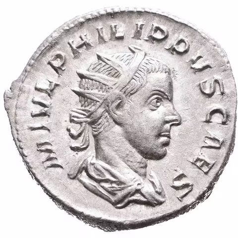 Antoninian, 244 - 246, Rv: PRINCIPI IVVENT, stojící Philip II. ve vojenském oděvu
