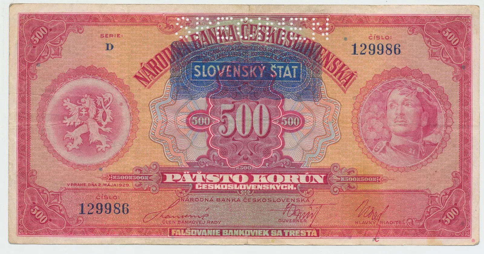 Slovensko, 500 Koruna 1929/1939 + přetisk, perf. 1x SPECIMEN, Hej.46a.S1