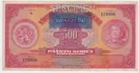 Slovensko, 500 Koruna 1929/1939 + přetisk, perf. 1x SPECIMEN, Hej.46a.S1
