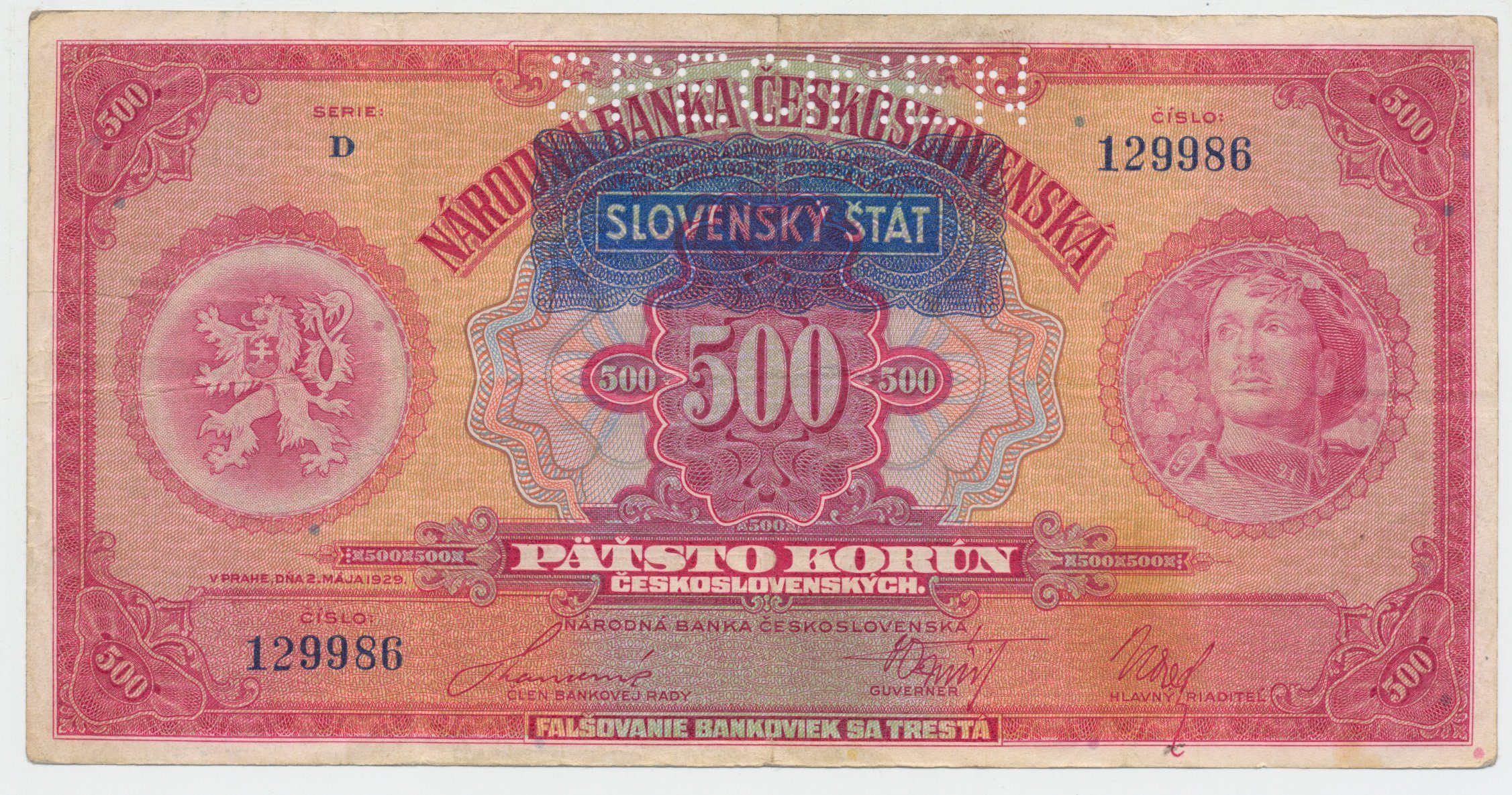 Slovensko, 500 Koruna 1929/1939 + přetisk, perf. 1x SPECIMEN, Hej.46a.S1