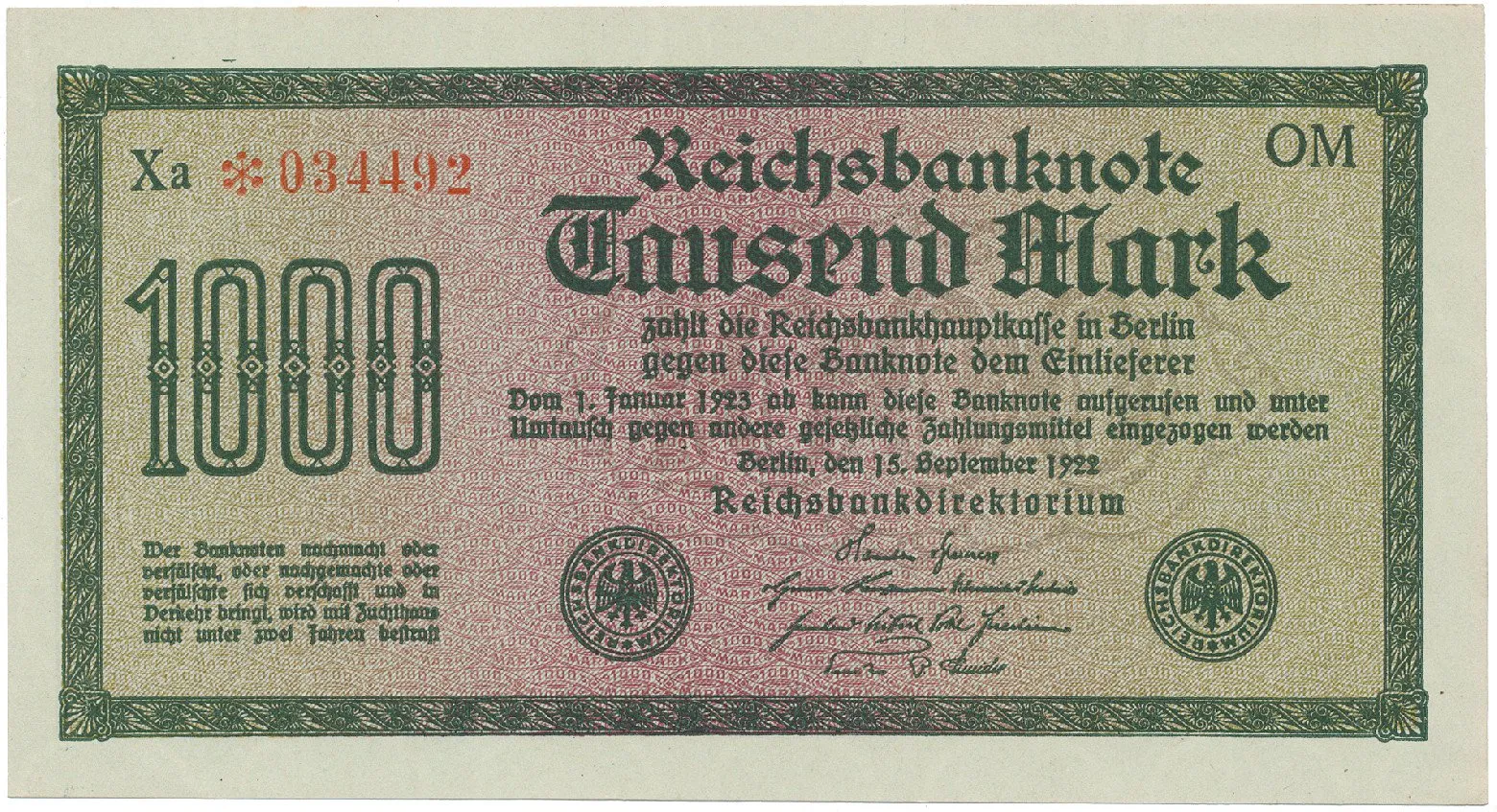 Německo, 1000 Mark 1922, vod. Wellen, 6-místné číslo, Ro.75q