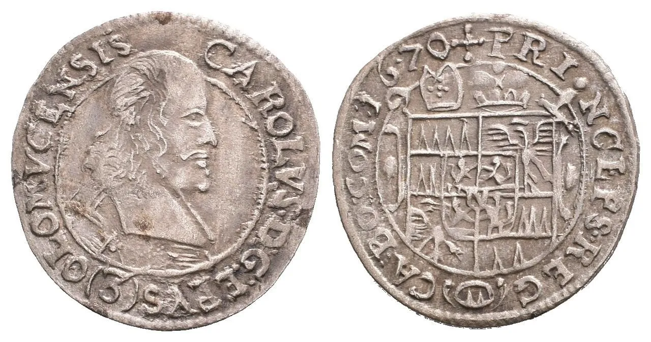 3 Krejcar 1670, SV.328, opis na av. končí OLOMVCENSIS, patina, vady střížku — 1
