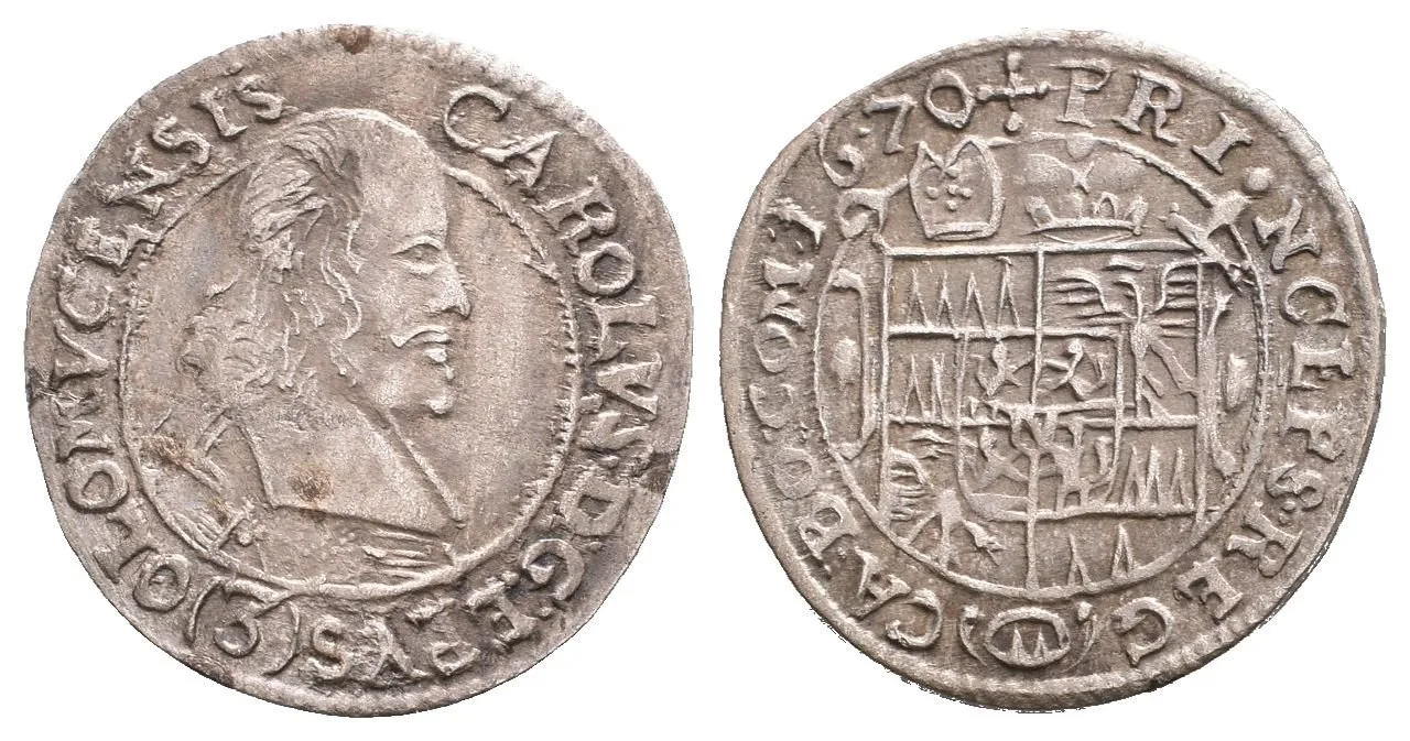 3 Krejcar 1670, SV.328, opis na av. končí OLOMVCENSIS, patina, vady střížku — 1