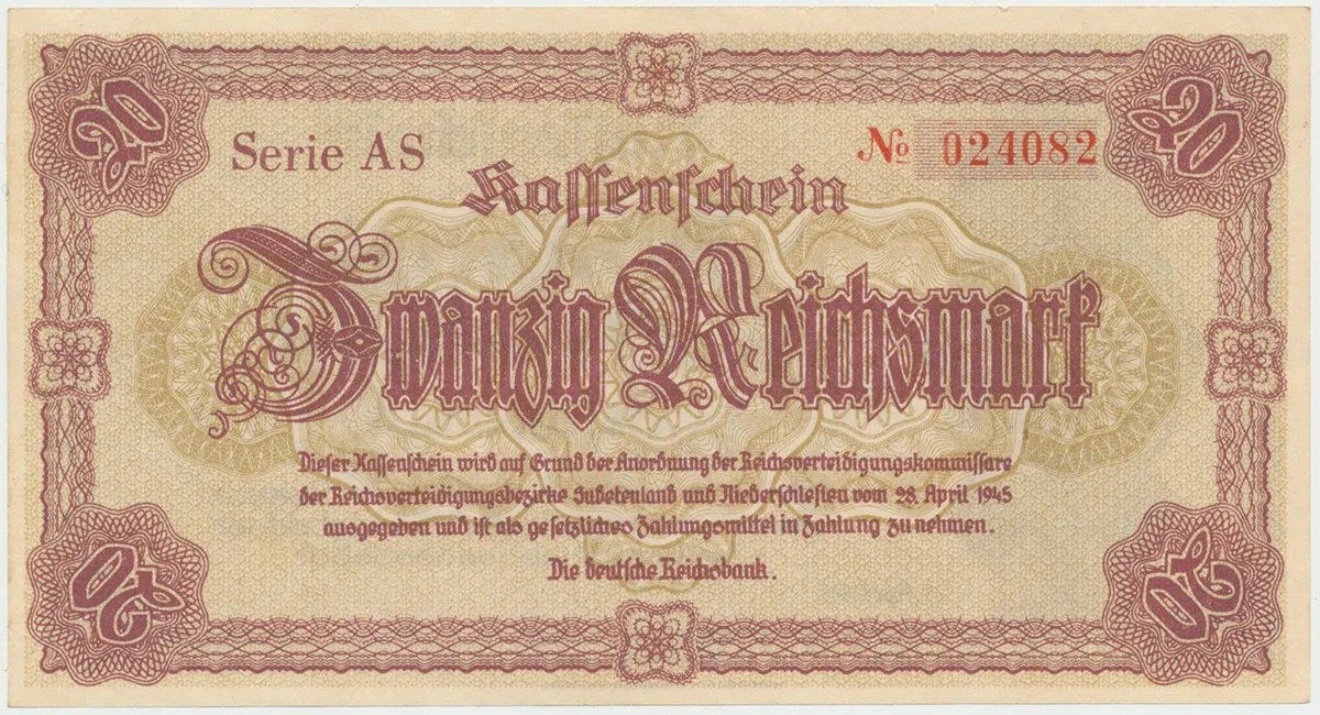 Reichenberg (Liberec) - Deutsche Reichsbank, 20 K  28. 4. 1945, série AS, HH.188.1.1a