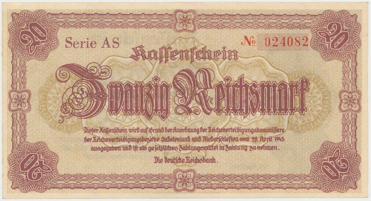 Reichenberg (Liberec) - Deutsche Reichsbank, 20 K  28. 4. 1945, série AS, HH.188.1.1a