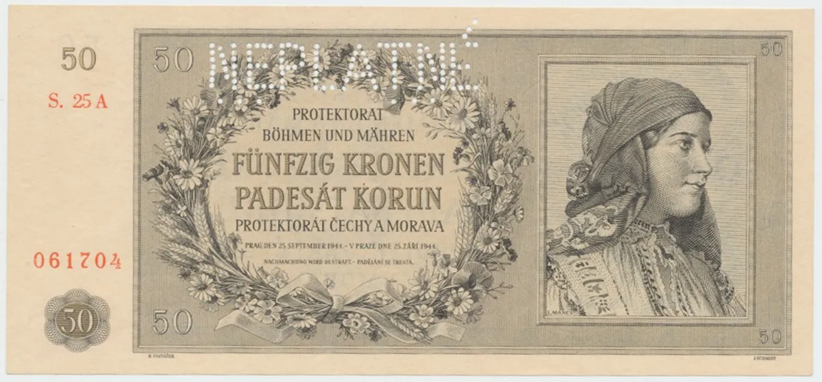 Protektorát Čechy a Morava, 50 Koruna 1944, perf. 1x NEPLATNÉ, Hej.42a.S2