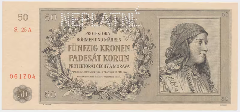 Protektorát Čechy a Morava, 50 Koruna 1944, perf. 1x NEPLATNÉ, Hej.42a.S2