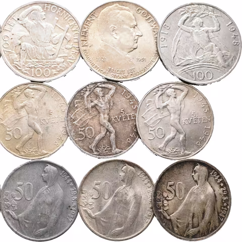 100 Kčs 1948 - 30. výročí ČSR, Univerzita Karlova, 100 Kč 1949 - Hornická práva, 100 Kčs 1951 -