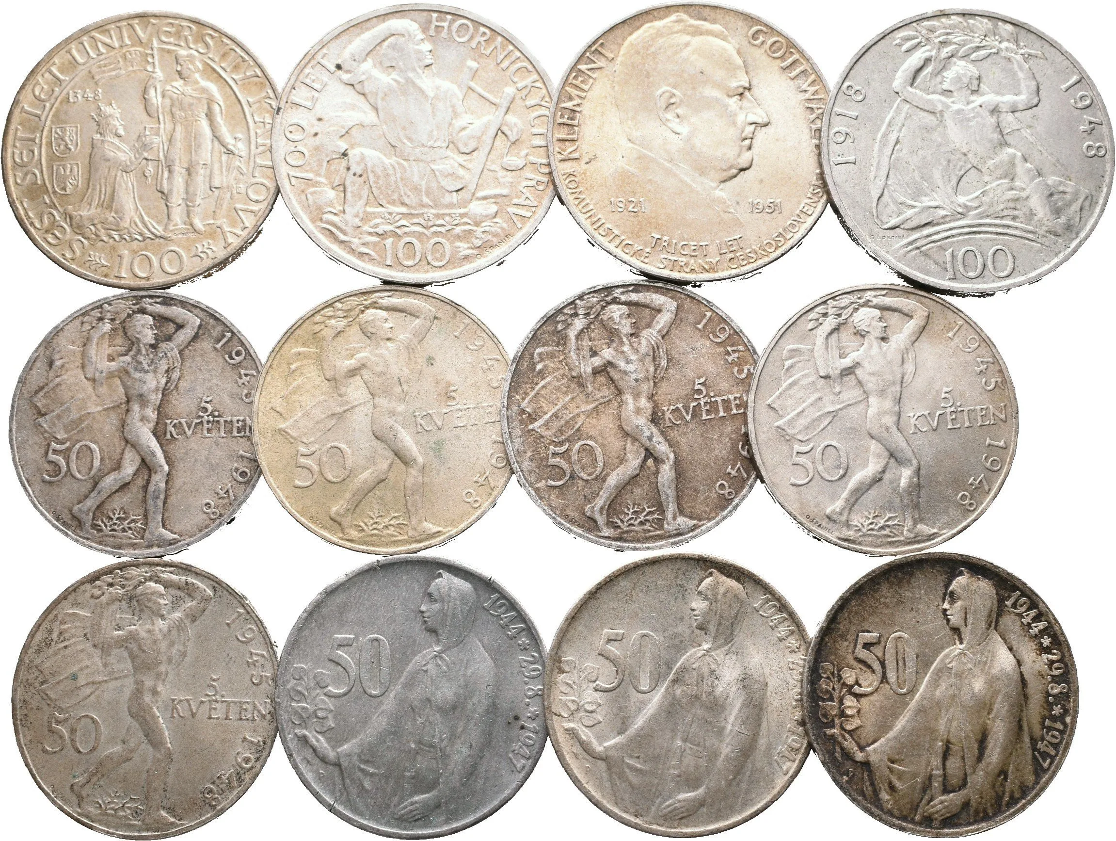 100 Kčs 1948 - 30. výročí ČSR, Univerzita Karlova, 100 Kč 1949 - Hornická práva, 100 Kčs 1951 - — 1