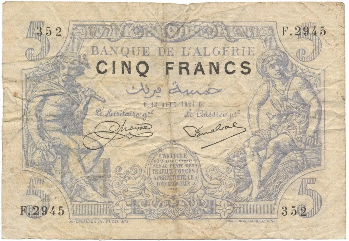 Alžírsko, 5 Francs 1924, P.71b