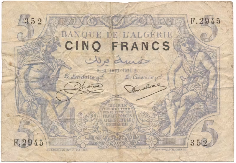 Alžírsko, 5 Francs 1924, P.71b