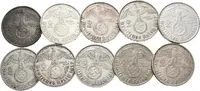 Soubor stříbrných mincí 2 Marka 1937 - mincovny A, D, E, J, — 2
