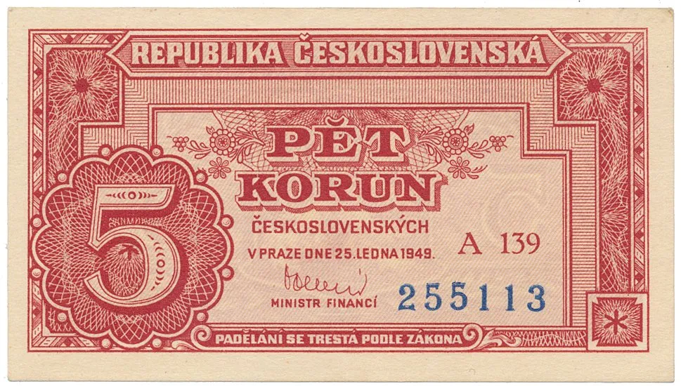 Československo, 5 Koruna 1949, série A 100 - 169, neperforovaná, Hej.83a3