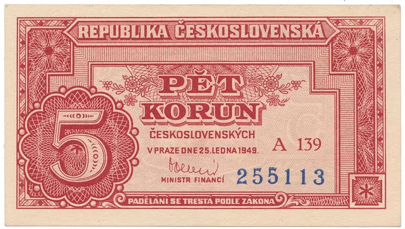 Československo, 5 Koruna 1949, série A 100 - 169, neperforovaná, Hej.83a3