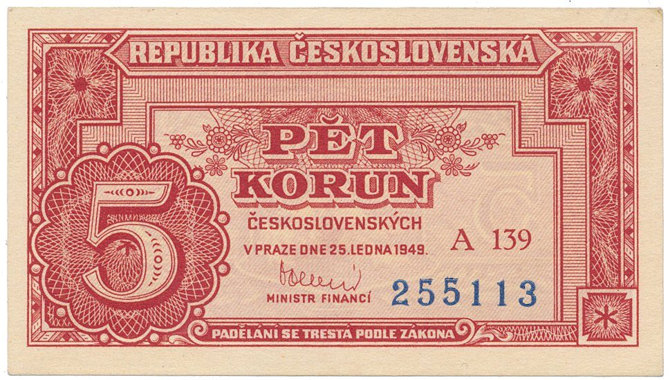 Československo, 5 Koruna 1949, série A 100 - 169, neperforovaná, Hej.83a3