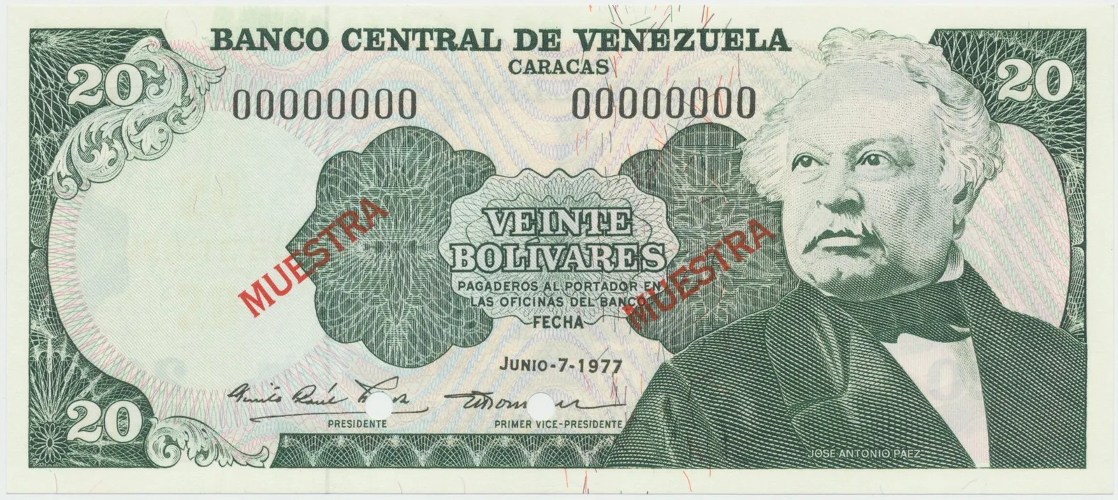 Venezuela, 20 Bolivares 1977, anulát - MUESTRA, P.53s2