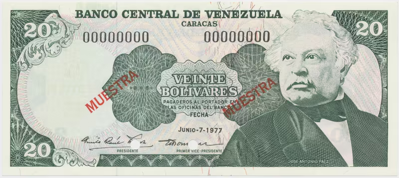 Venezuela, 20 Bolivares 1977, anulát - MUESTRA, P.53s2