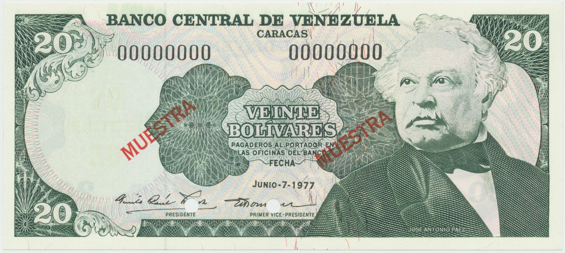 Venezuela, 20 Bolivares 1977, anulát - MUESTRA, P.53s2
