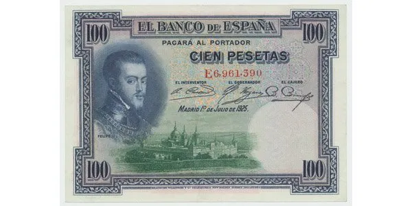 Španělsko, 100 Pesetas 1925, P.69c, špendlíkové dírky