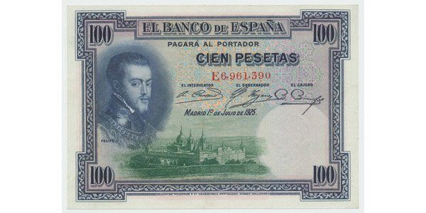 Španělsko, 100 Pesetas 1925, P.69c, špendlíkové dírky