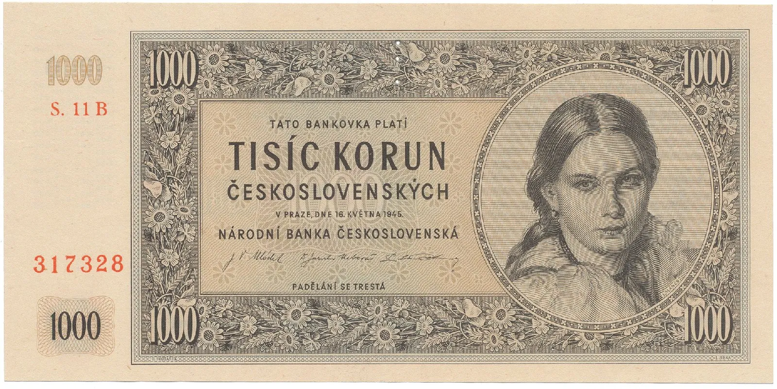 Československo, 1000 Koruna 1945, I. vydání, série B, perf. 3 md svisle, Hej.78b.S1
