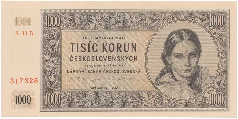 Československo, 1000 Koruna 1945, I. vydání, série B, perf. 3 md svisle, Hej.78b.S1