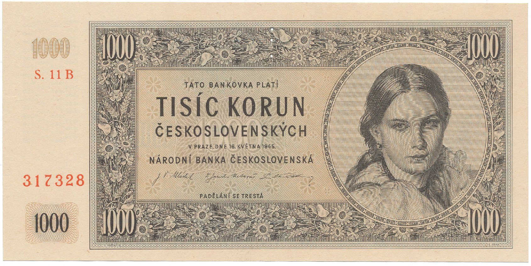 Československo, 1000 Koruna 1945, I. vydání, série B, perf. 3 md svisle, Hej.78b.S1
