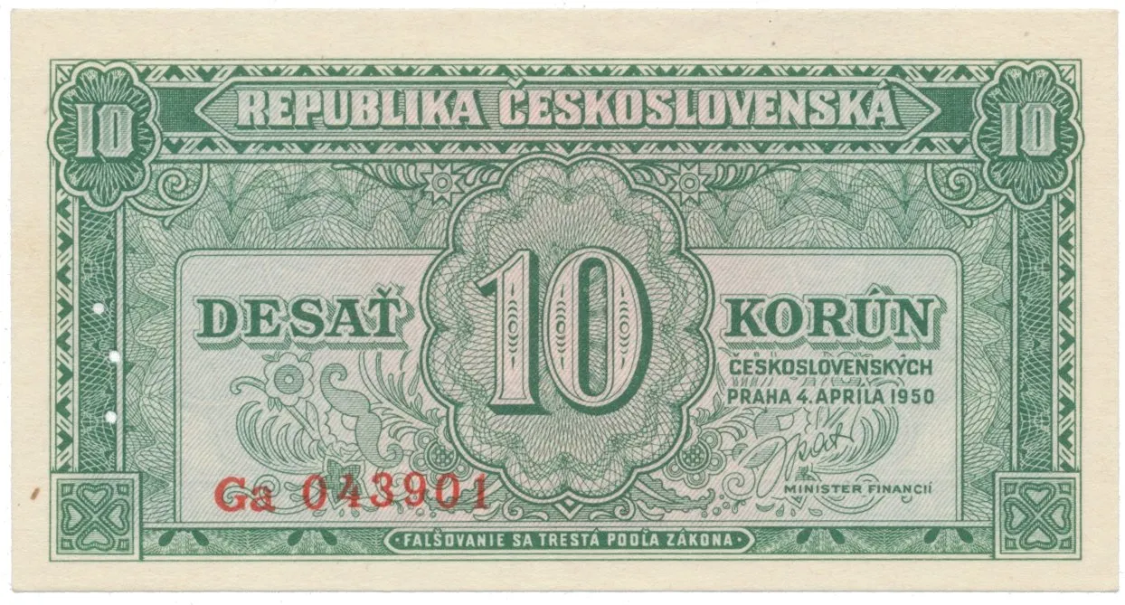 10 Koruna 1950, perforace 3 m.d. v obloučku, Hej.86bS2