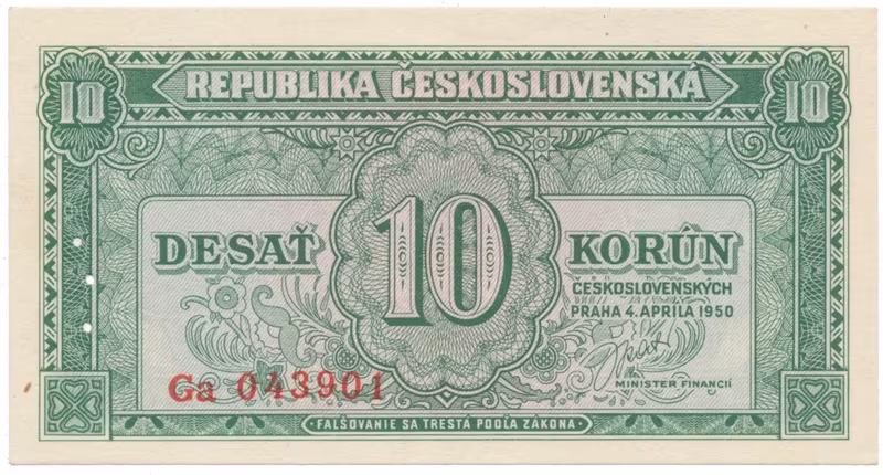 10 Koruna 1950, perforace 3 m.d. v obloučku, Hej.86bS2