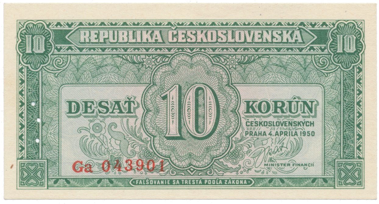 10 Koruna 1950, perforace 3 m.d. v obloučku, Hej.86bS2