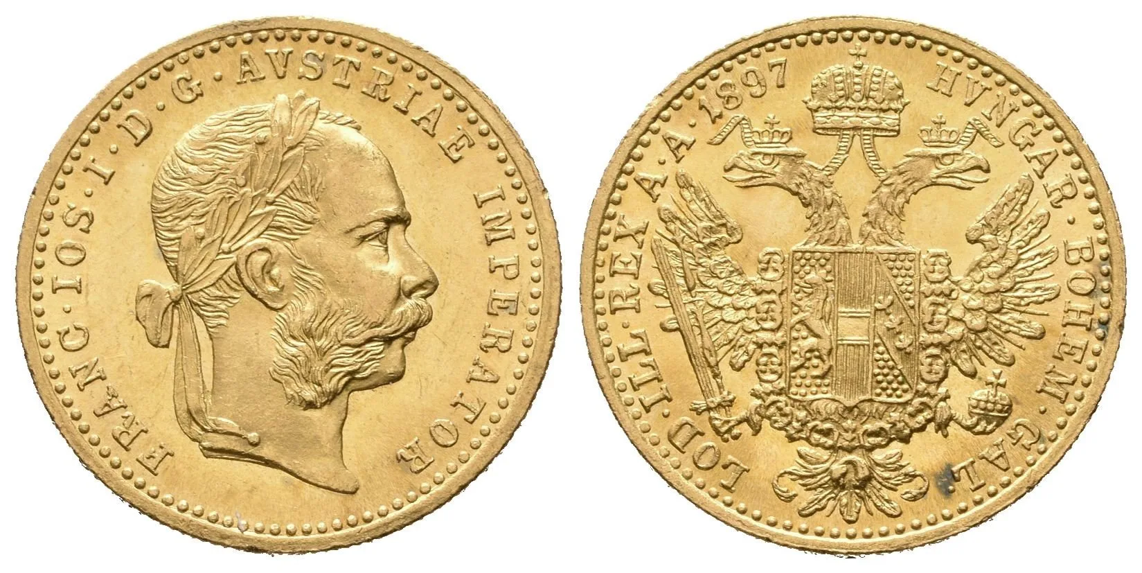 Dukát 1897, krásná zachovalost, ražební lesk, patina, — 1