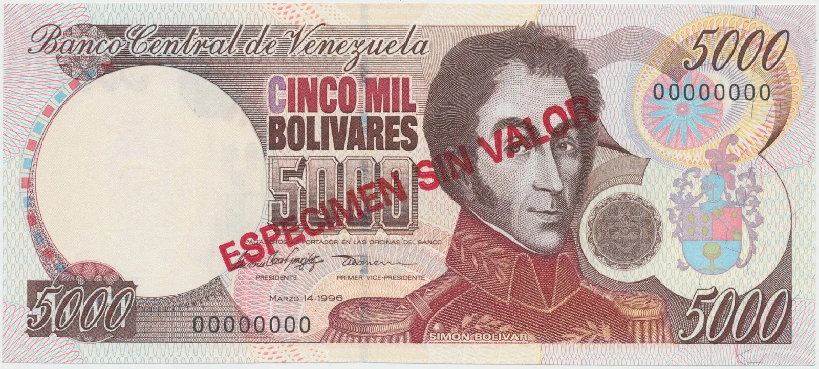 Venezuela, 5000 Bolivares 1996, anulát - ESPECIMEN SIN VALOR, P.75bs