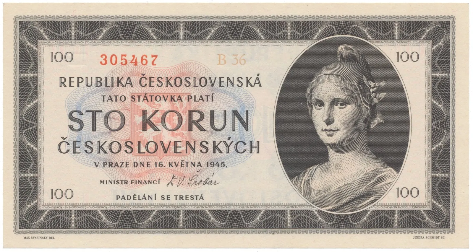 100 Koruna 1945, série B 36, Hej.77a