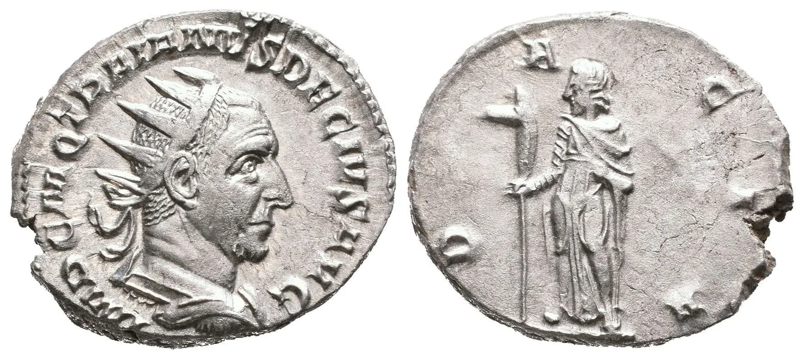 Antoninian, 249 - 251, Rv: DACIA, stojící Dacia zleva drží dlouhou hůl zakončenou — 1