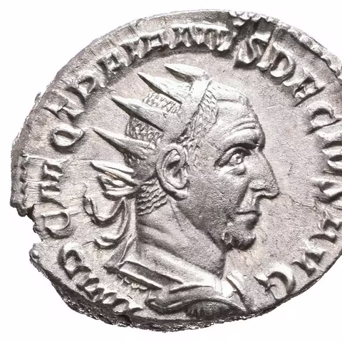 Antoninian, 249 - 251, Rv: DACIA, stojící Dacia zleva drží dlouhou hůl zakončenou