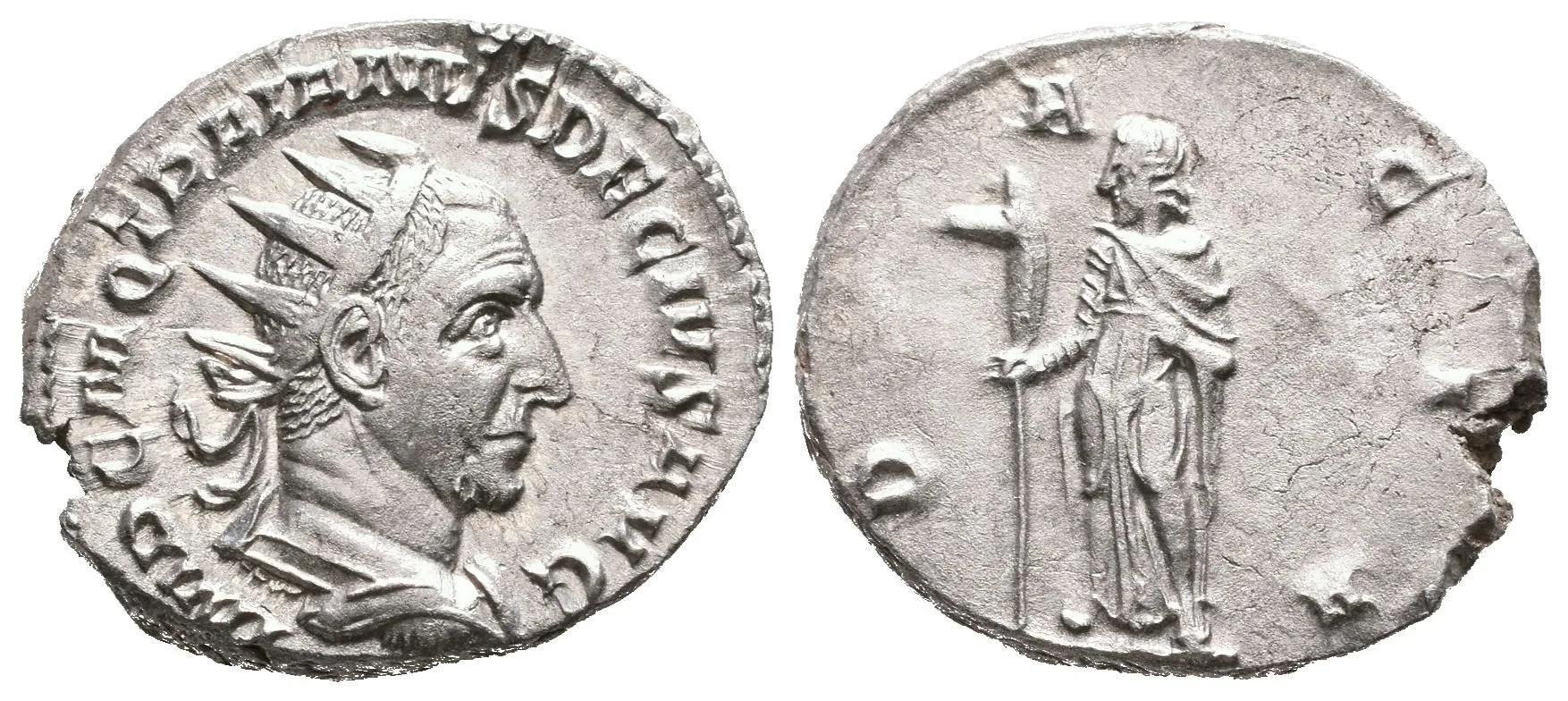 Antoninian, 249 - 251, Rv: DACIA, stojící Dacia zleva drží dlouhou hůl zakončenou — 1