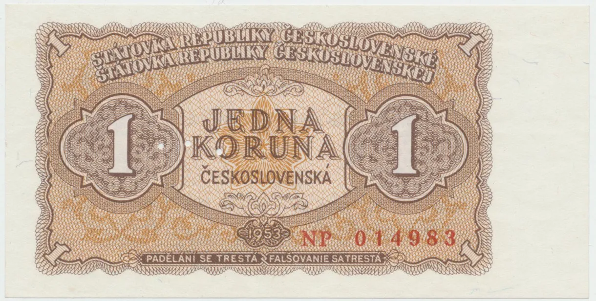 Československo, 1 Koruna 1953, tisk Praha, série NP, perf. 3 md, Hej.89b1.S1