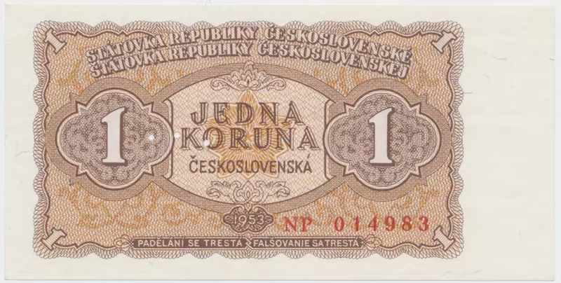 Československo, 1 Koruna 1953, tisk Praha, série NP, perf. 3 md, Hej.89b1.S1