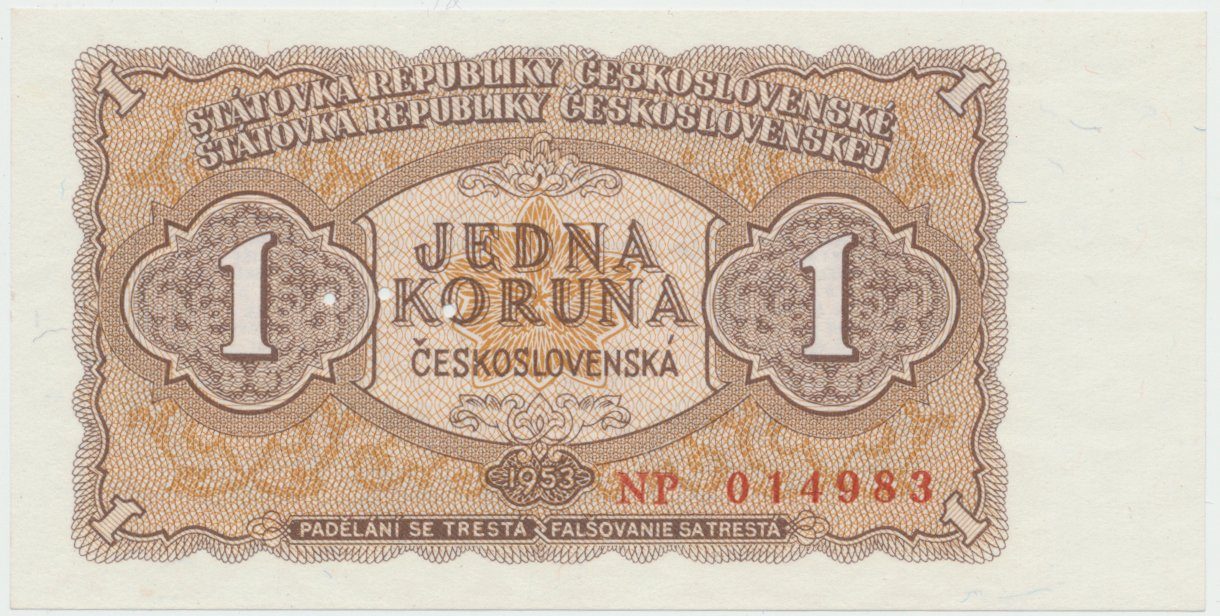 Československo, 1 Koruna 1953, tisk Praha, série NP, perf. 3 md, Hej.89b1.S1