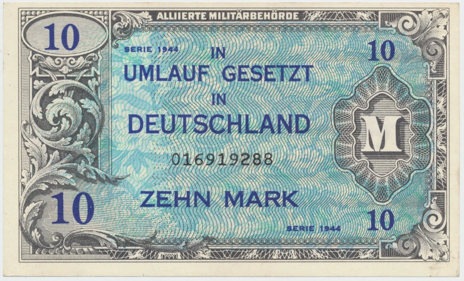 Okupační poukázky Allierte, 10 Mark 1944, tisk USA, 9-místný číslovač, Hej.AM4a