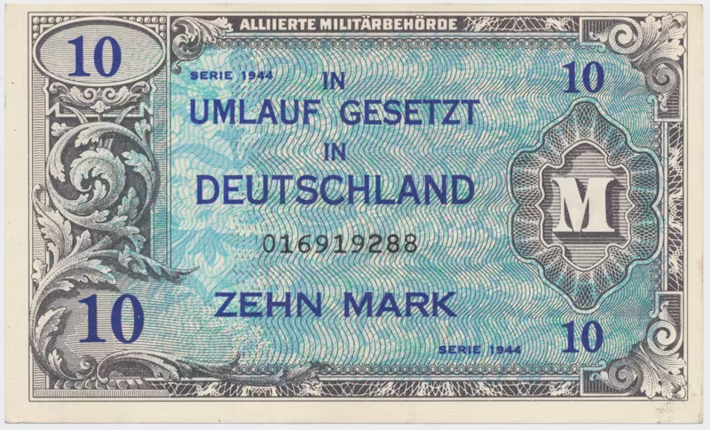 Okupační poukázky Allierte, 10 Mark 1944, tisk USA, 9-místný číslovač, Hej.AM4a
