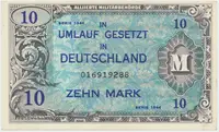 Okupační poukázky Allierte, 10 Mark 1944, tisk USA, 9-místný číslovač, Hej.AM4a