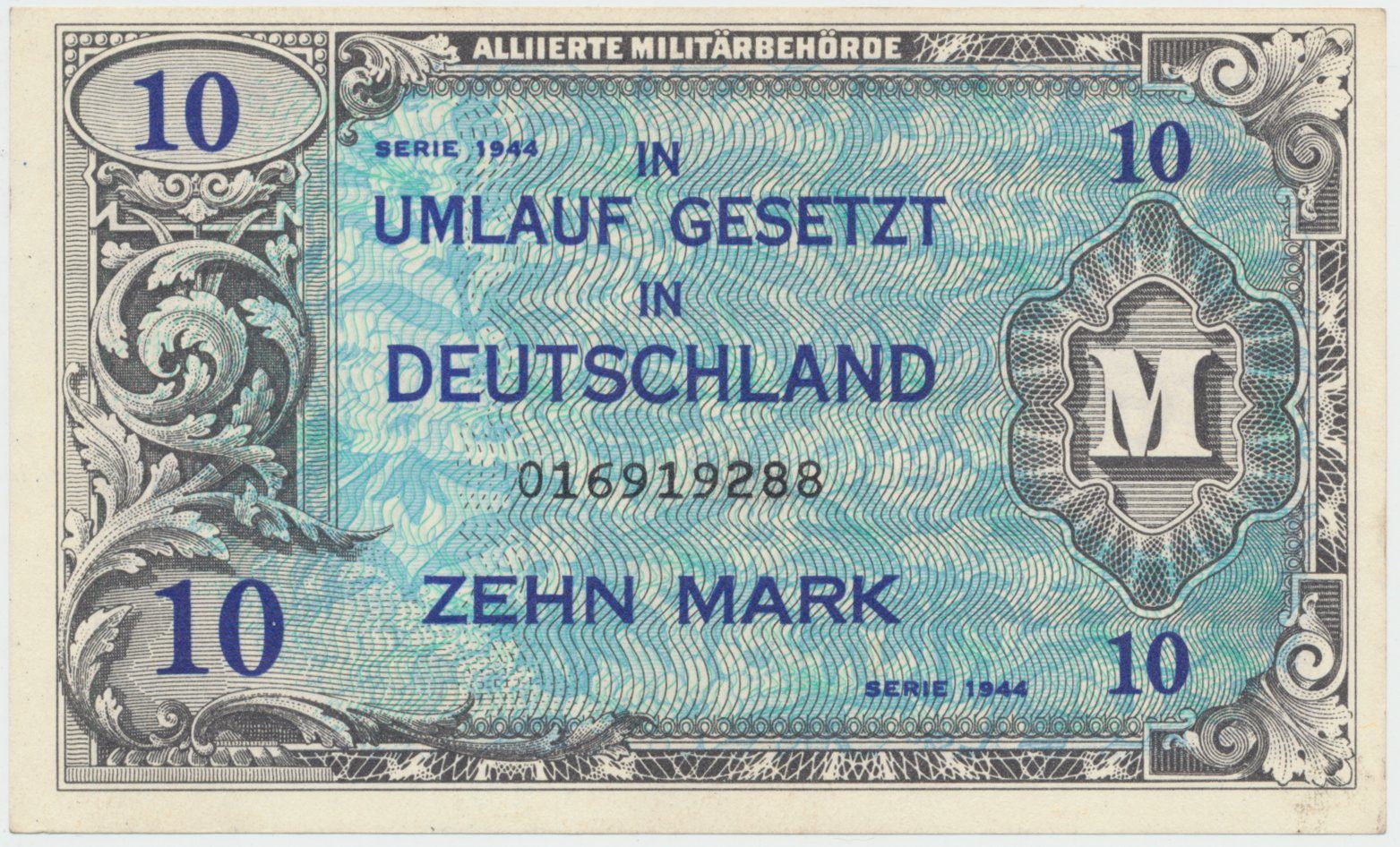 Okupační poukázky Allierte, 10 Mark 1944, tisk USA, 9-místný číslovač, Hej.AM4a