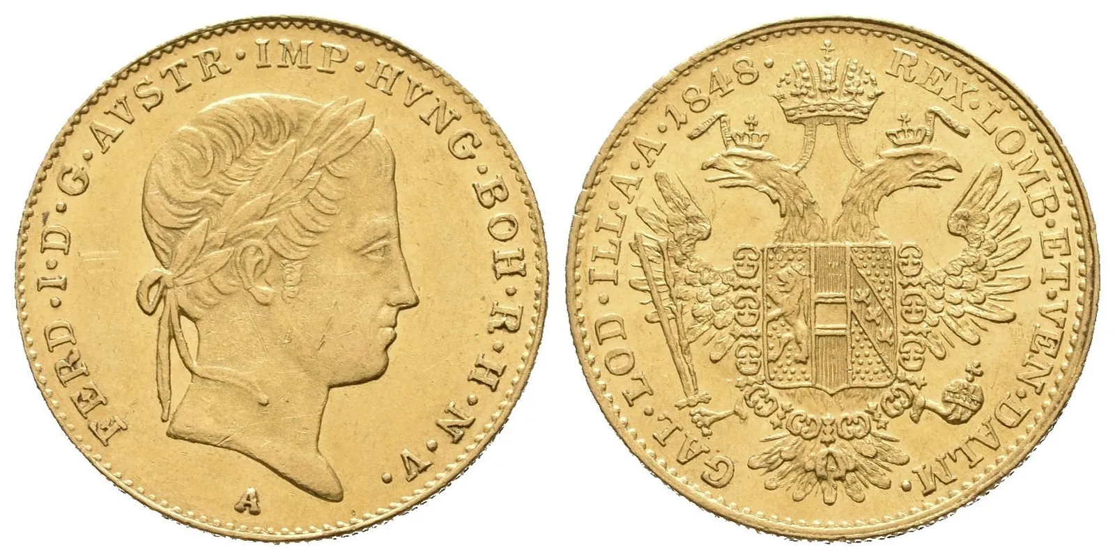 Dukát 1848 A, velmi pěkná zachovalost, lesk na Rv., — 1